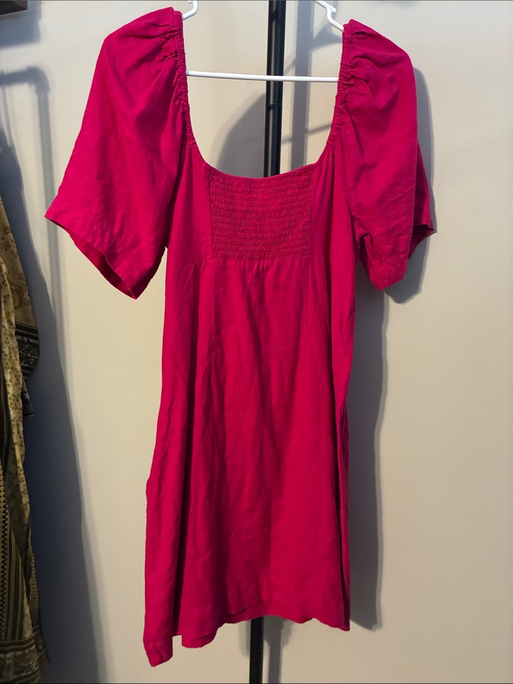 A New Day Puff Sleeve Linen Blend Dress Dark Pink Smocked Back Medium - Picture 4 of 7